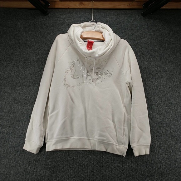 Nike Mens Hoodie White Medium Metallic Logo Funnel Neck Pullover Long Sleeve - Picture 2 of 15